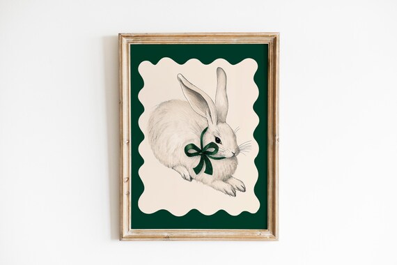 White Rabbit With Green Bow Vintage Bunny Illustration Nursery Print
