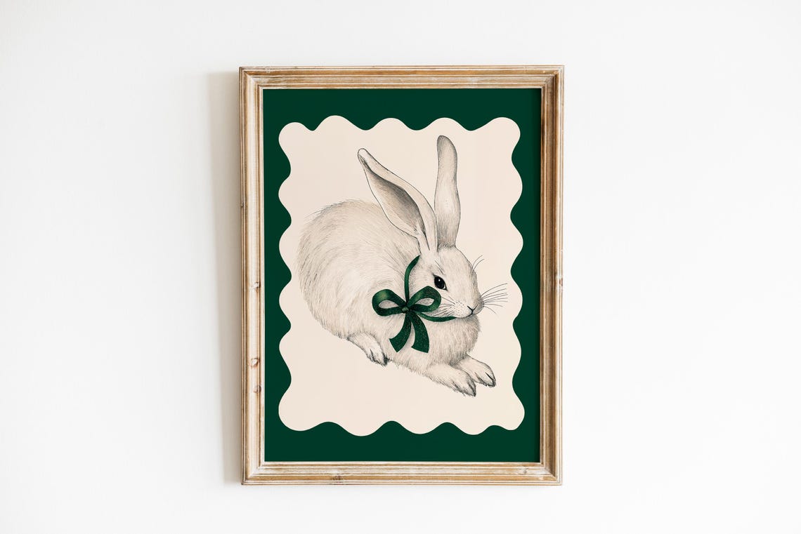 White Rabbit With Green Bow Vintage Bunny Illustration Nursery Print