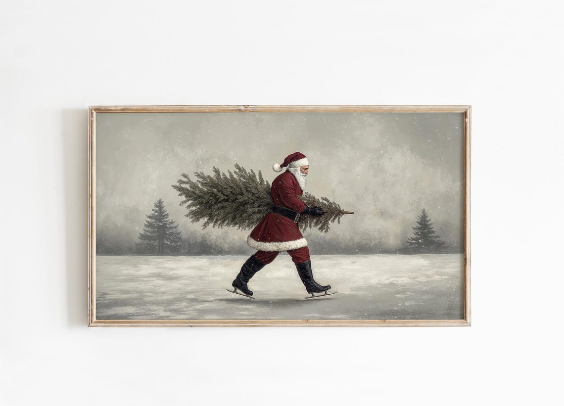 Santa Ice Skating With Christmas Tree Vintage Snowy Scene Poster - Image 4