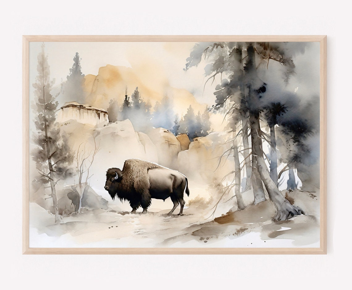 American Bison Misty Forest Wildlife Watercolor Nature Art Poster