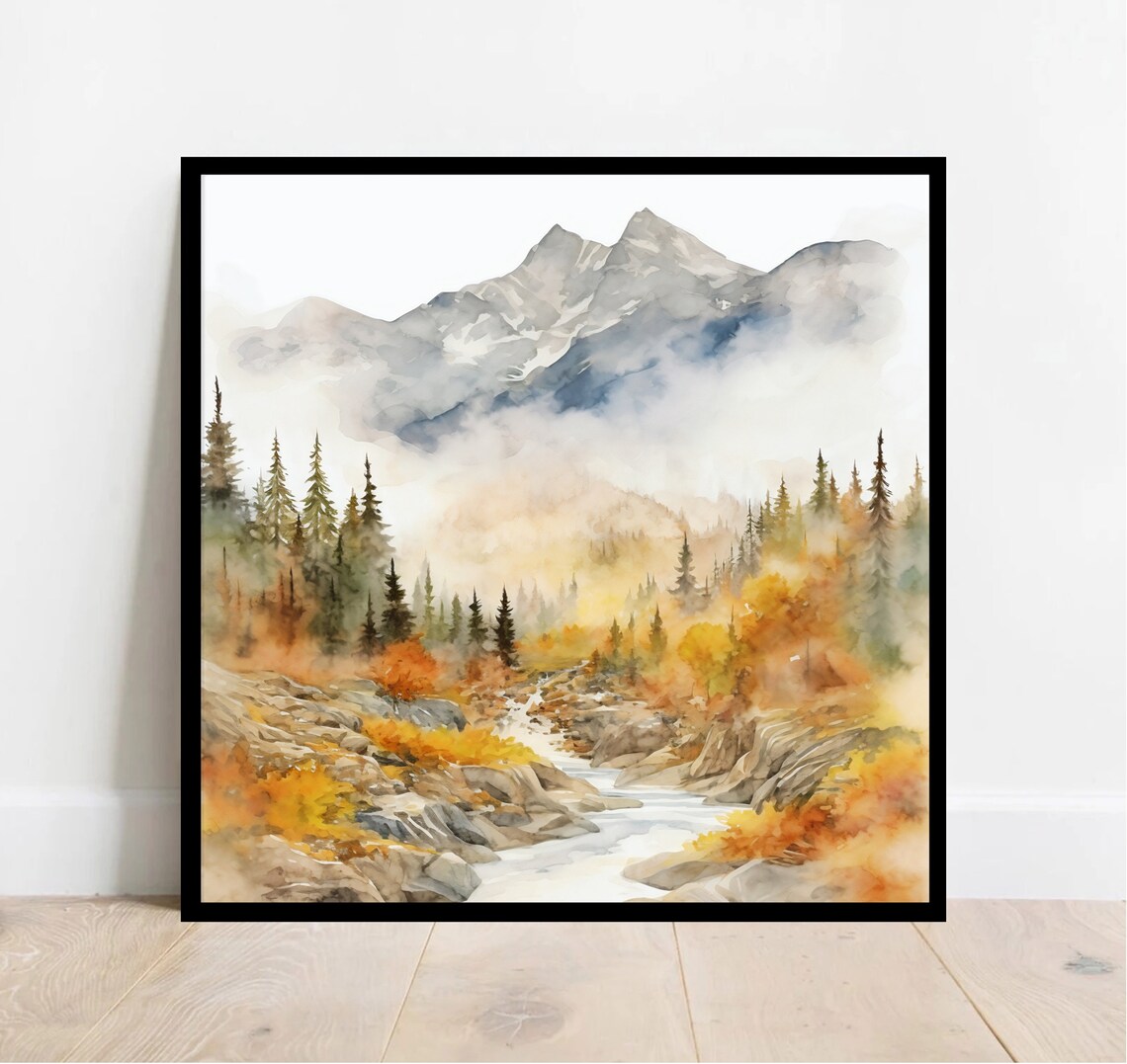 Autumn Mountain Valley Golden River Watercolor Nature Art Poster - Image 3