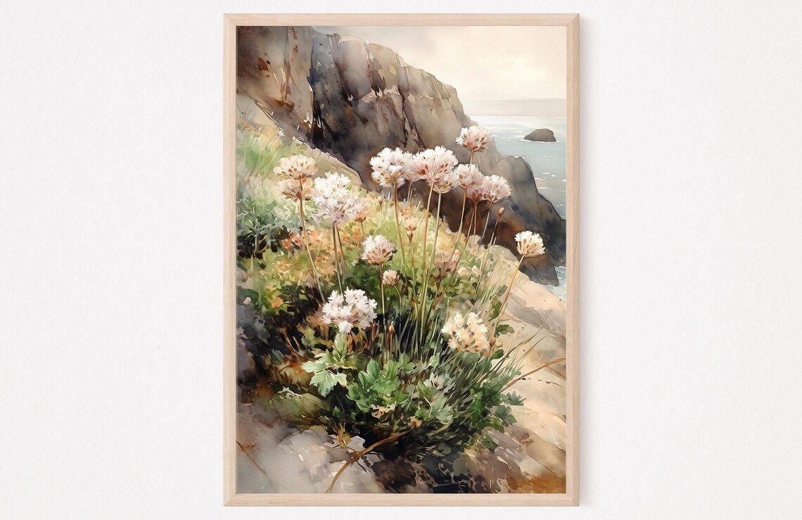 Isle of Skye Coastal Cliffs White Sea Thrift Flowers Art Poster