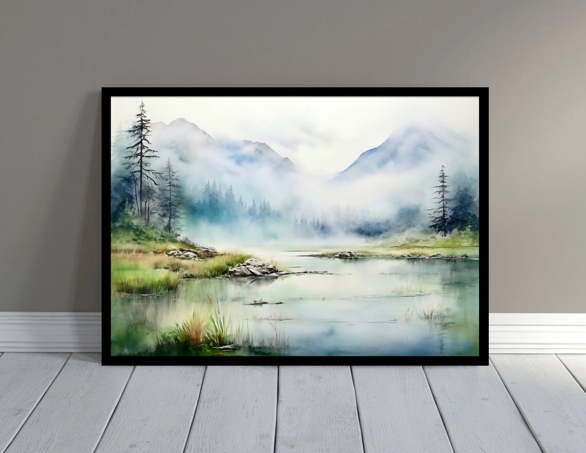 Misty Mountain Lake Pines Watercolor Nature Landscape Poster - Image 2
