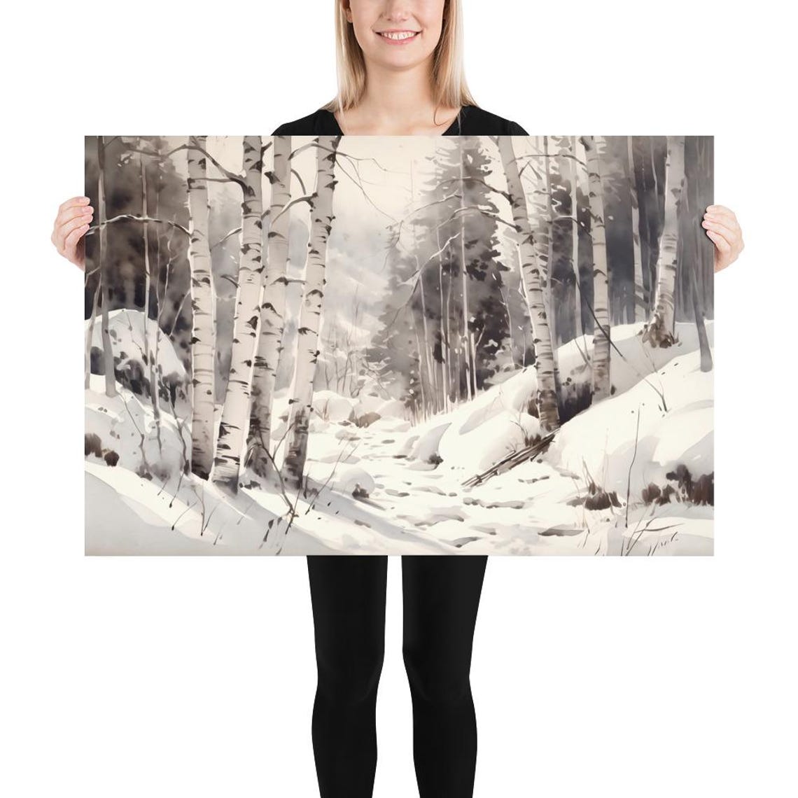 Snowy Aspen Grove Winter Forest Snow Drifts Watercolor Art Poster - Image 5