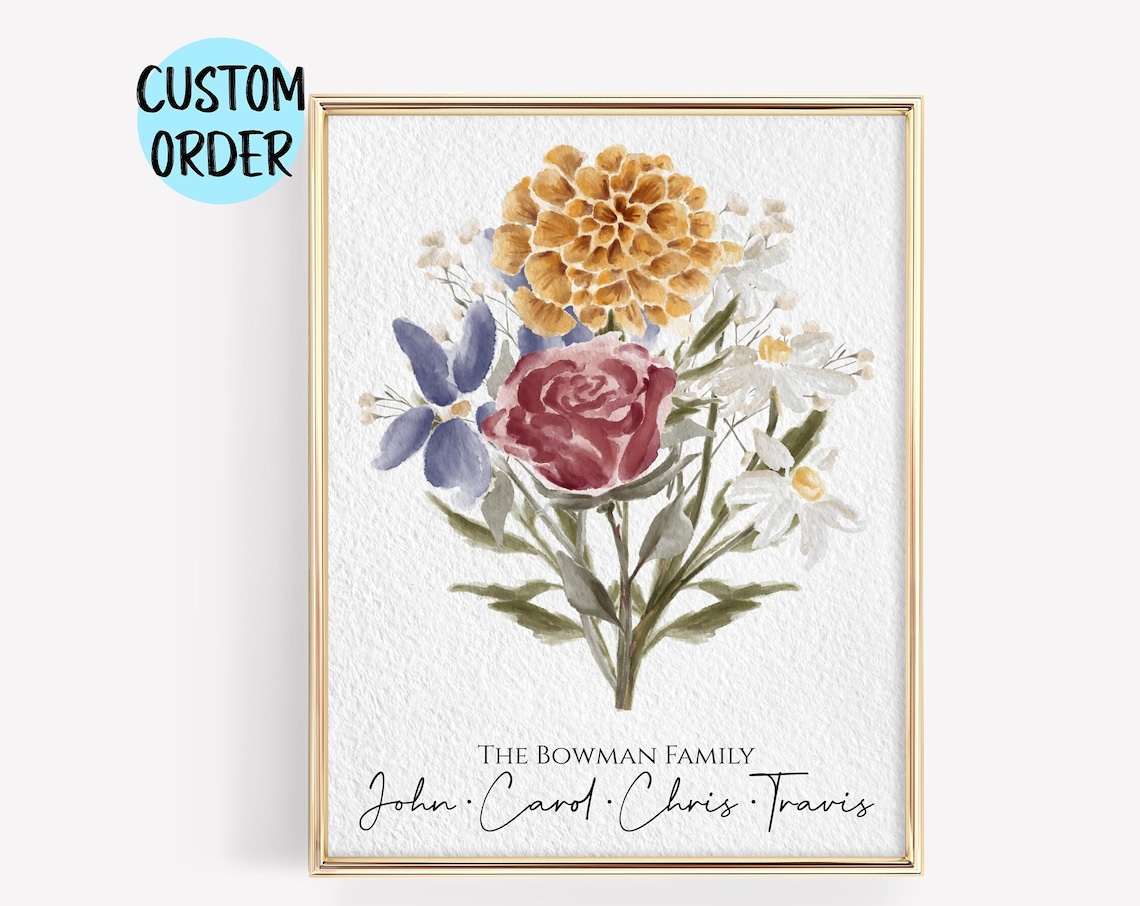 Family Birth Flower Bouquet Watercolor Art Print