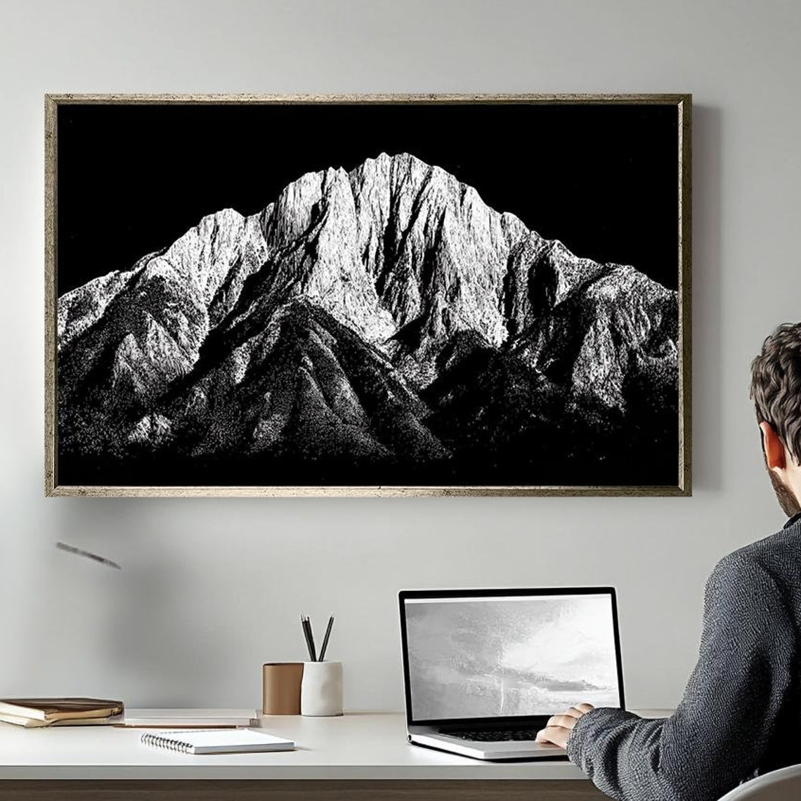 Black And White Mountain Art Print Minimalist Mountain Landscape Drawing Modern Nature Wall Art Monochrome Mountain Illustration
