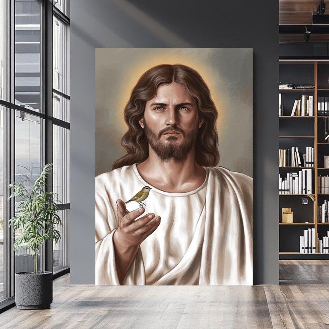 Jesus Christ With Halo Holding Small Bird On Hand Gentle Portrait Poster