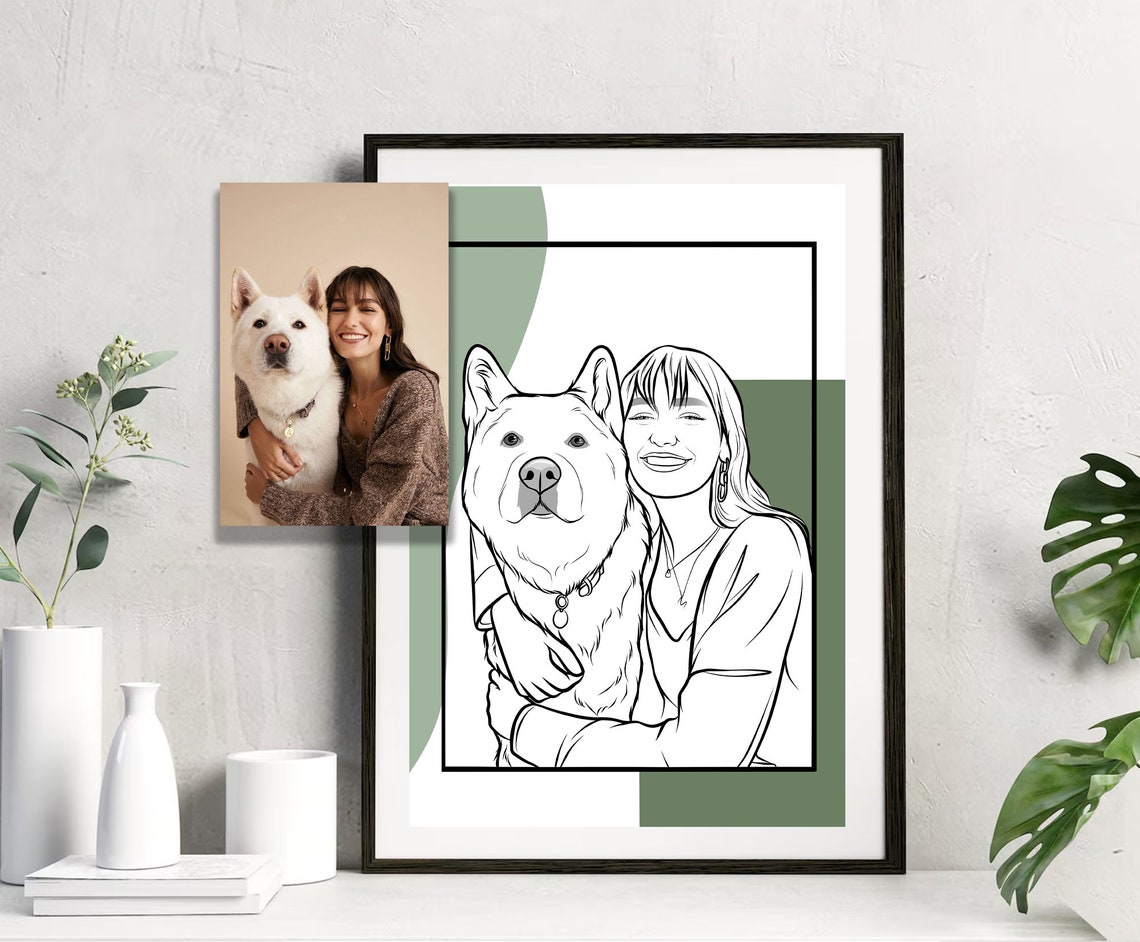 Custom Couple Line Drawing with Dog Portrait Illustration Poster - Image 4