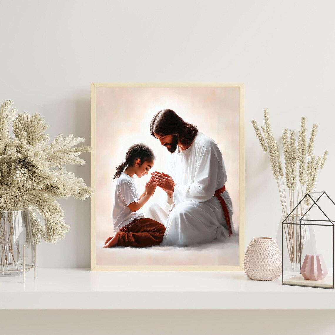 Jesus Praying Beside A Little Girl Christian Faith Art Poster - Image 4