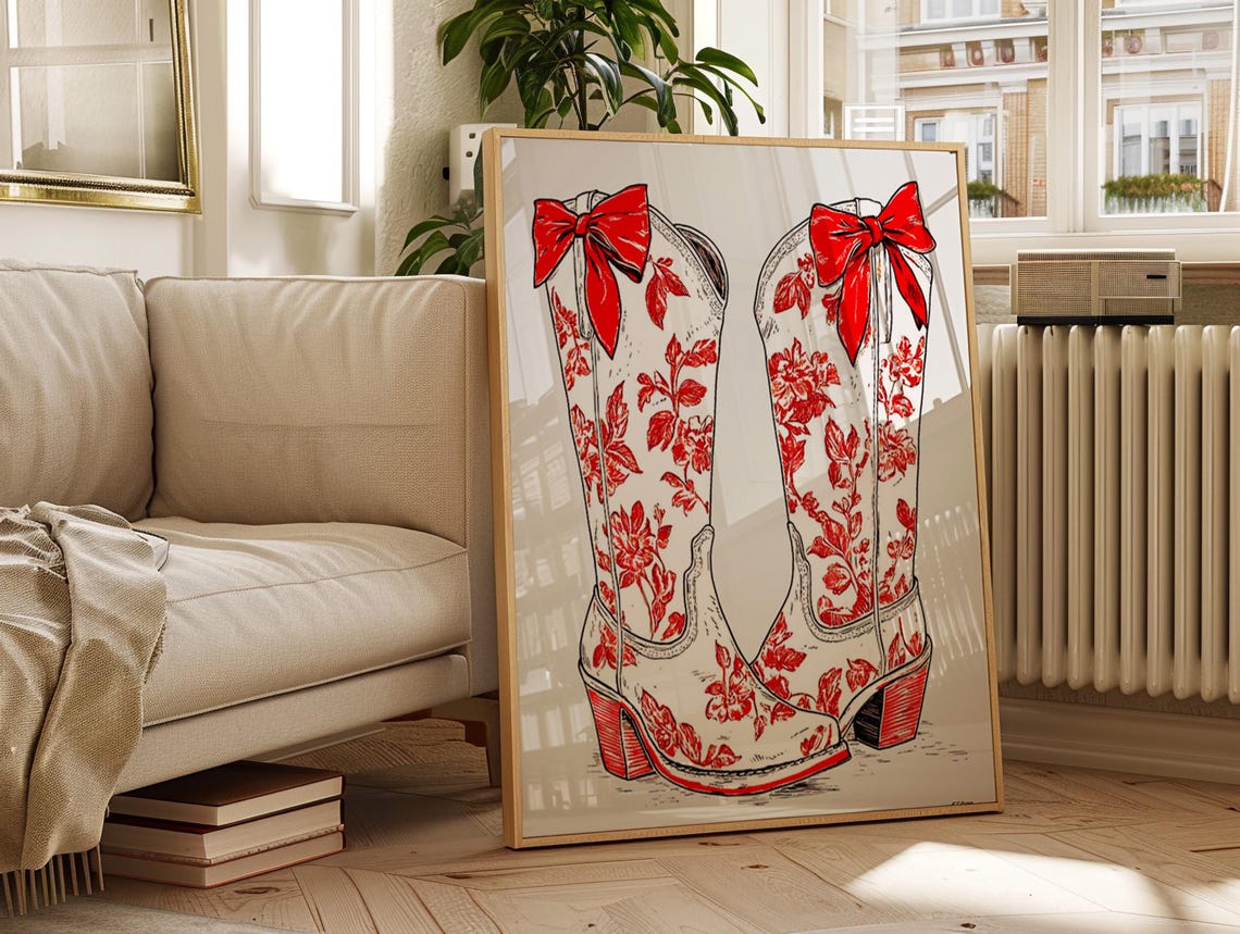 Teal Floral Pattern Cowgirl Boots With Bows Western Style Poster - Image 2
