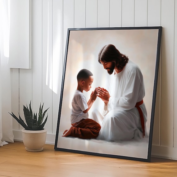 Jesus Praying with a Young Boy Tender Christian Faith Poster