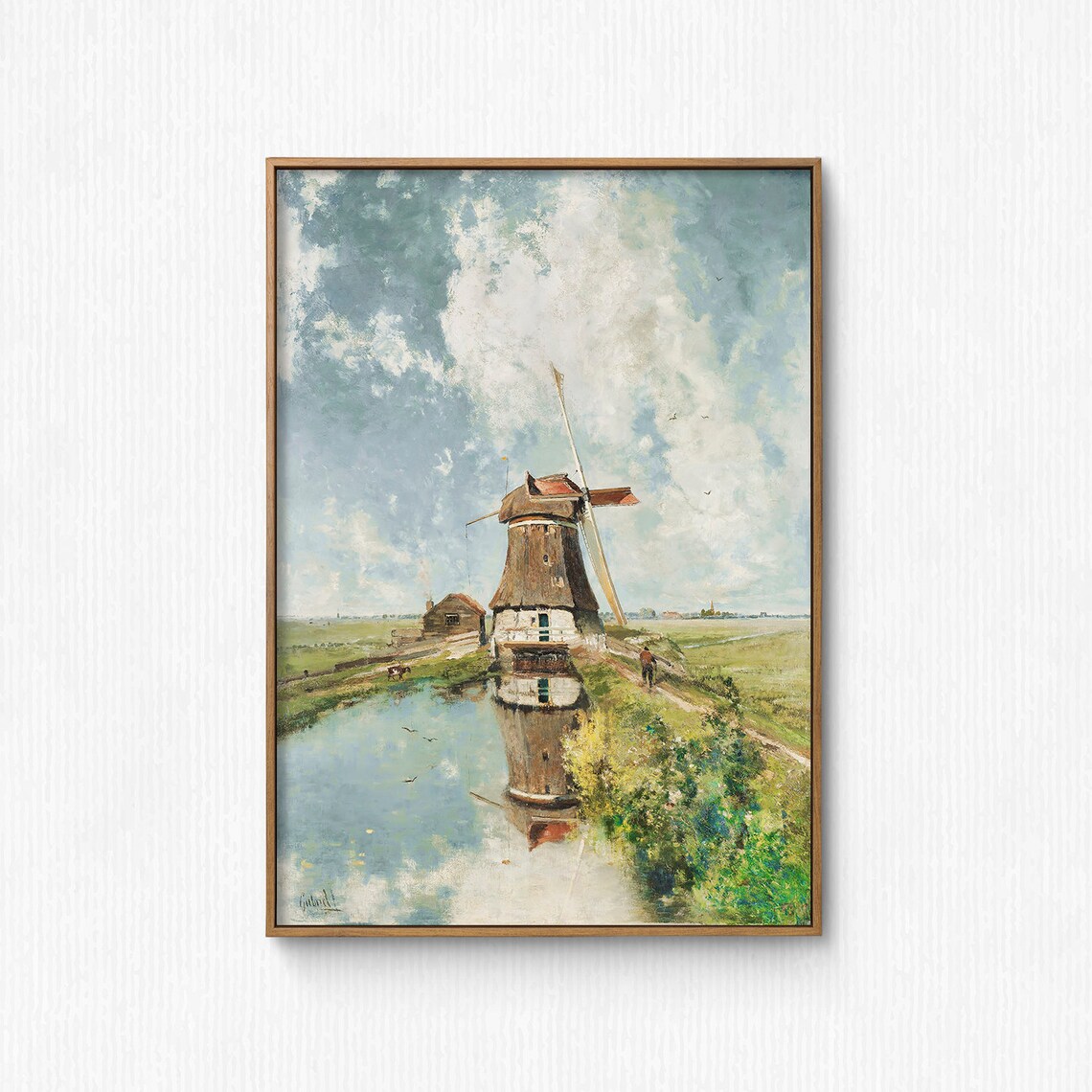 Dutch Windmill Landscape Art Print, Oil Painting
