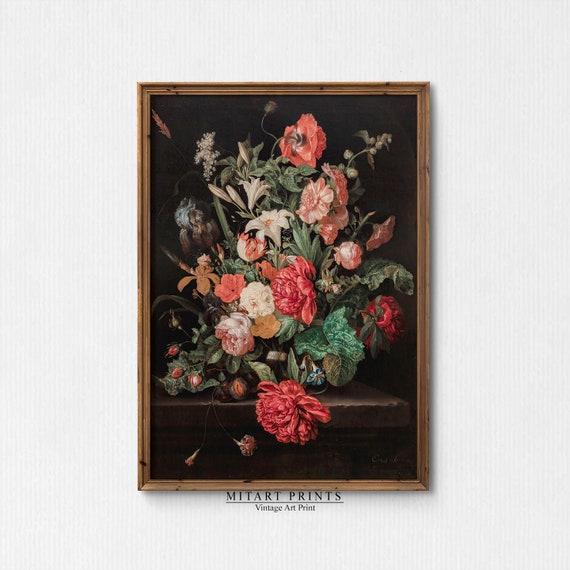 Dark Vintage Botanical Painting Moody Botanical Still Life Print Vintage Flower Painting Moody Wall Art Antique Botanical Art