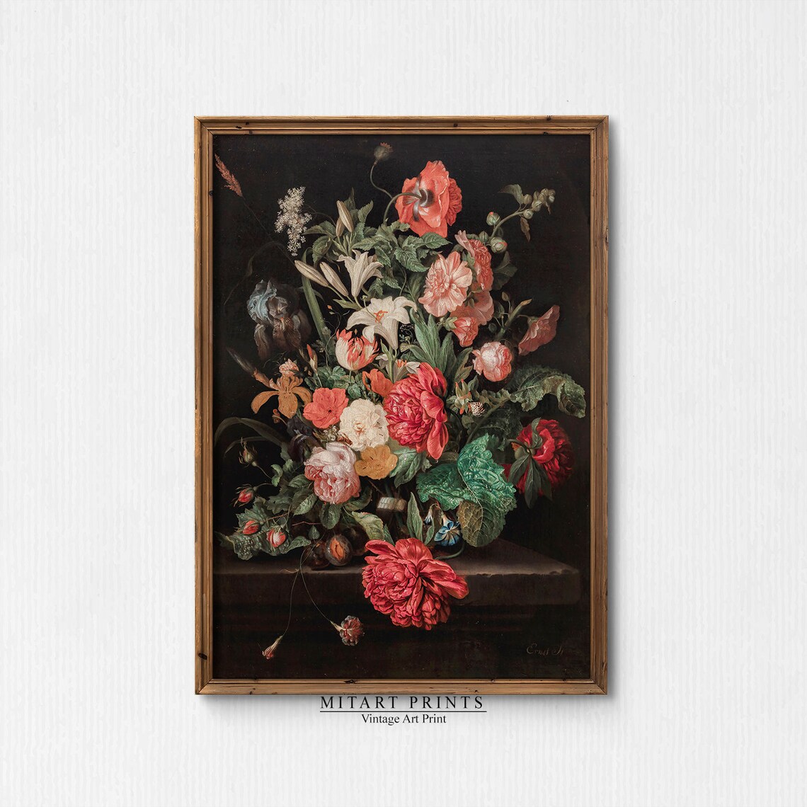 Dark Vintage Botanical Still Life Peonies Tulips Oil Painting Poster