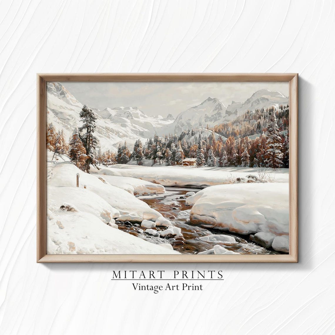 Snowy Alpine Mountain Valley Stream Winter Landscape Art Print