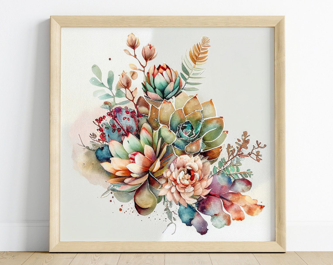 Bright Colorful Watercolor Succulent Bouquet Botanical Wall Art