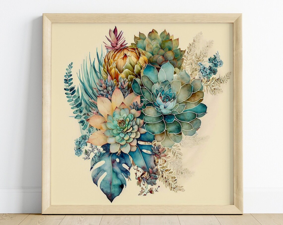 Teal Watercolor Succulents Bouquet Botanical Echeveria Art Poster