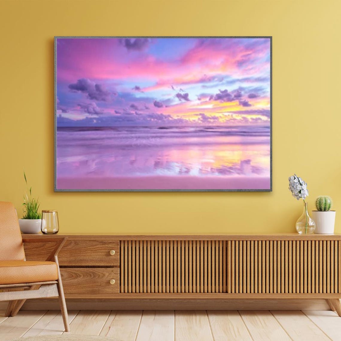 Pink and Purple Ocean Sunset Waves Long Exposure Photo Poster