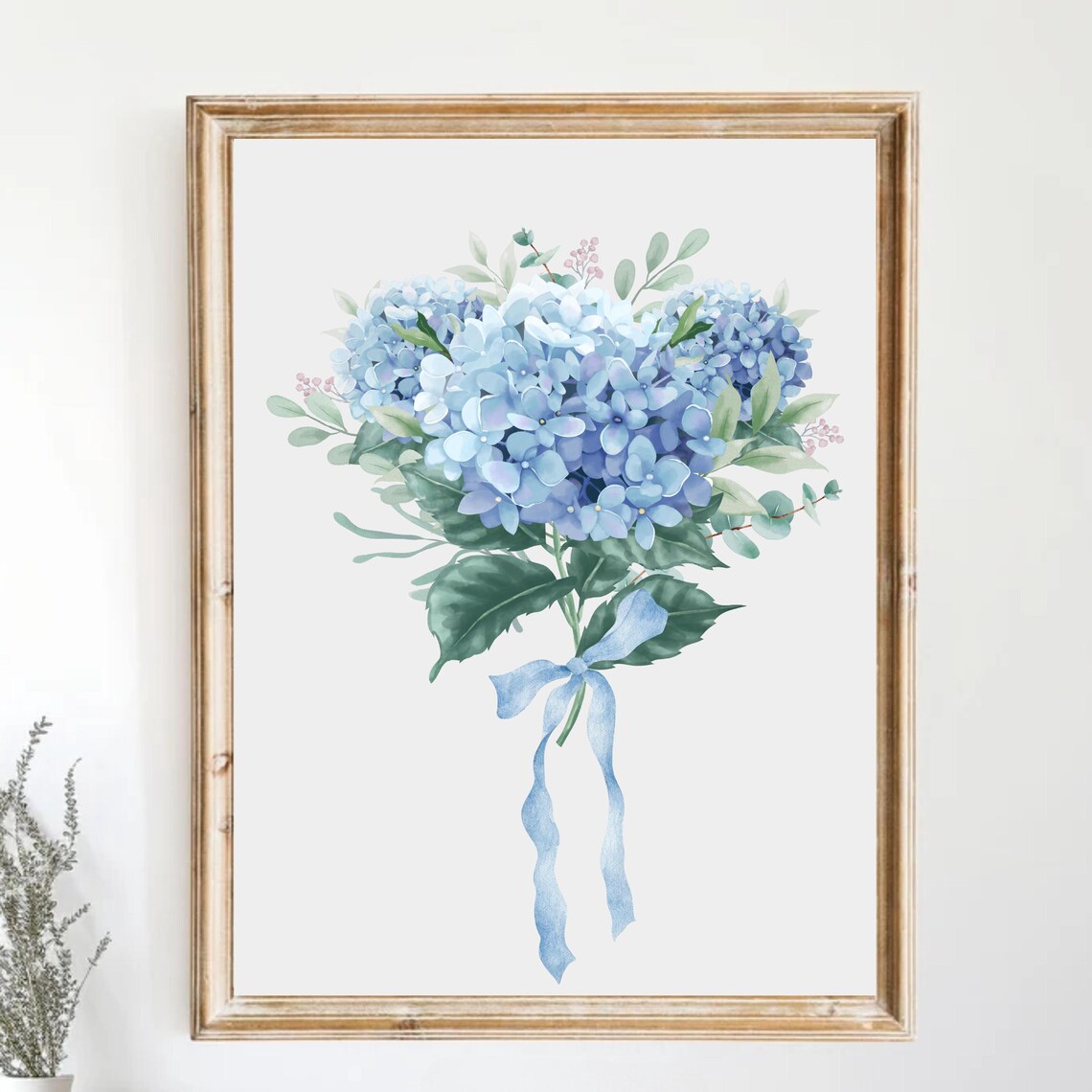 Blue Hydrangea With Bow Art Soft Floral Nursery Decor Coquette Print For Kitchen Gift Grandma Flower