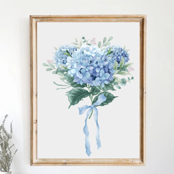 Blue Hydrangea With Bow Art Soft Floral Nursery Decor Coquette Print For Kitchen Gift Grandma Flower