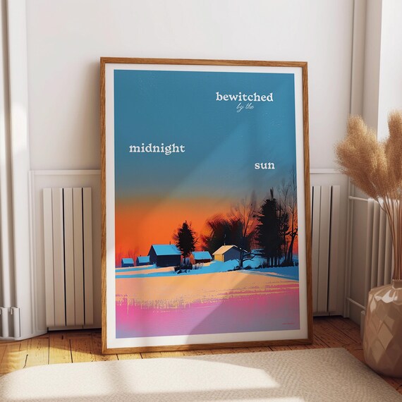 Modern Winter Sunset Poster Midnight Sun Scandinavian Inspired Wall Art Colorful Village Artwork Home Decor Poster Or Print