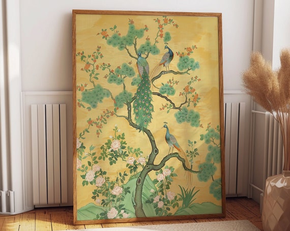 Indian Peacock Poster Floral And Birds Wall Art Chinoiserie Thibaut Grand Palace Wallpaper Art Poster Or Print