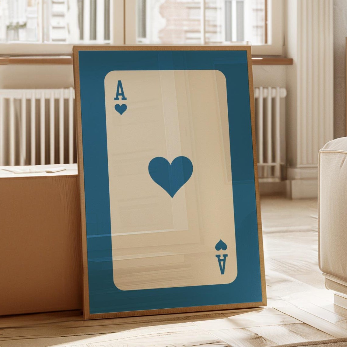 Ace of Hearts Bold Blue Border Retro Playing Card Trendy Poster