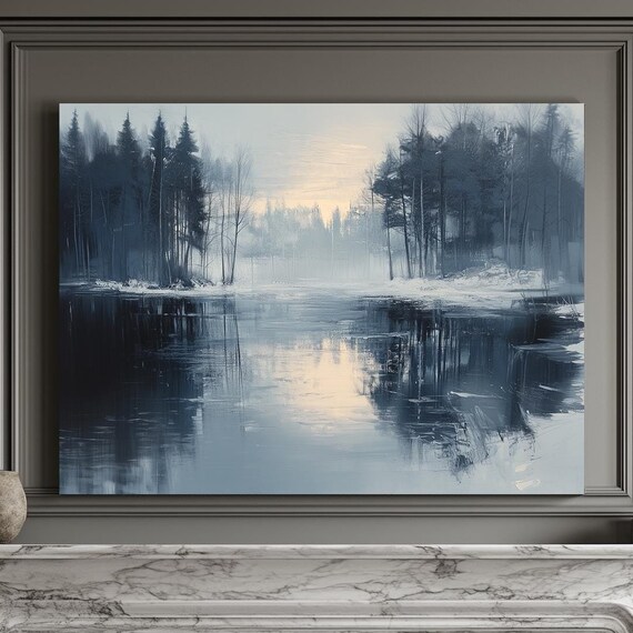 Misty Winter Lake With Pine Forest Reflections Landscape Print