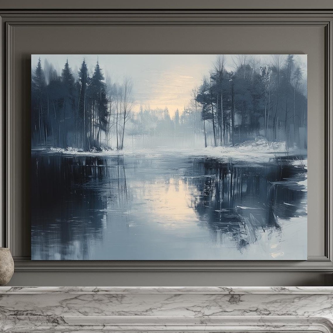 Misty Winter Lake With Pine Forest Reflections Landscape Print