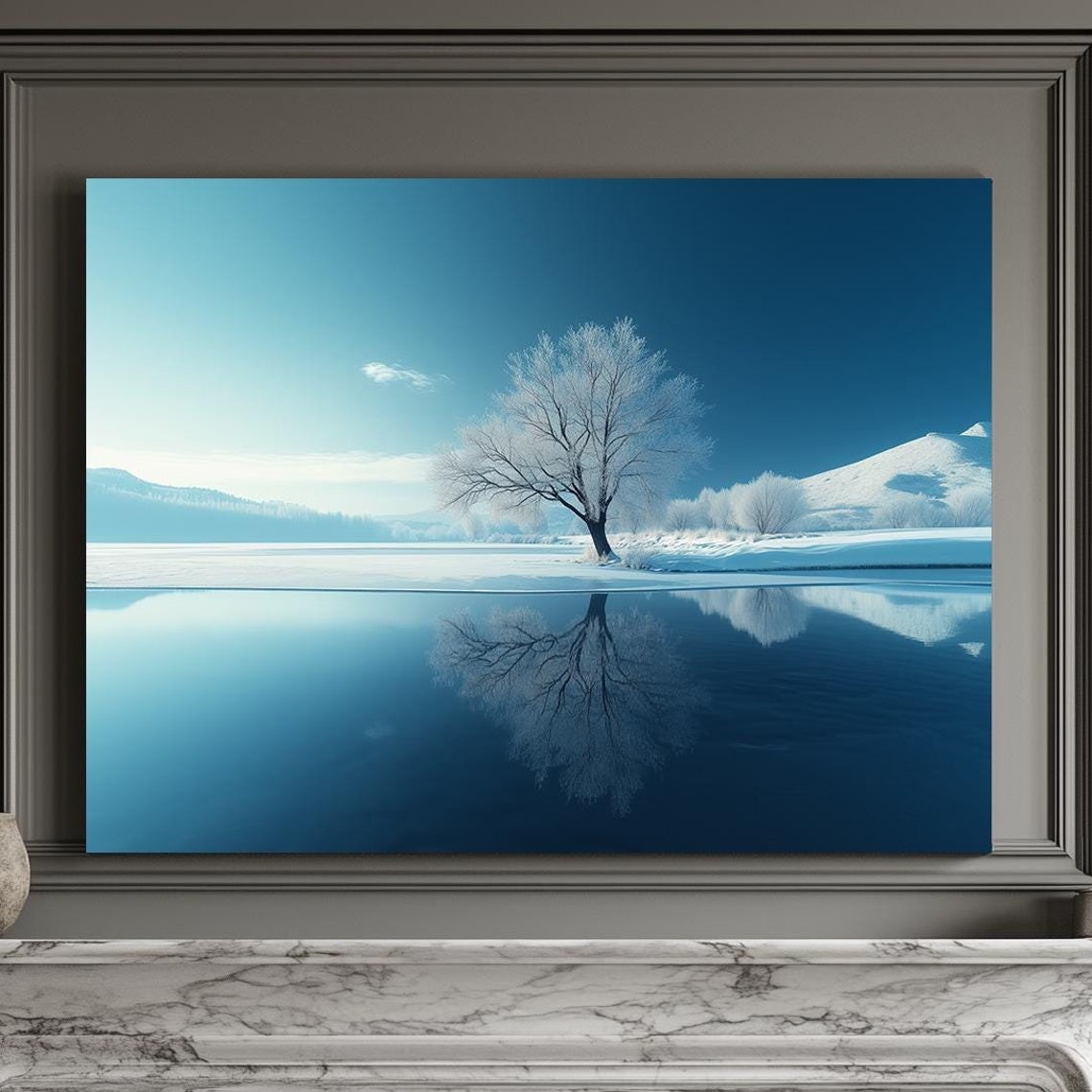 Frosted Tree Reflected In Still Blue Lake Winter Landscape Print