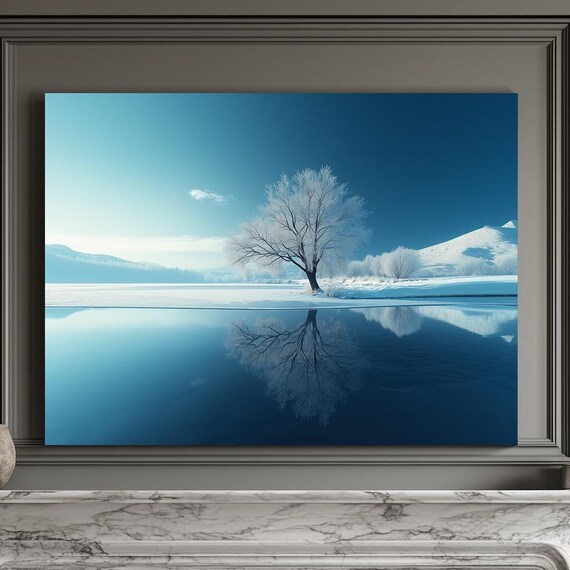 Frosted Tree Reflected In Still Blue Lake Winter Landscape Print