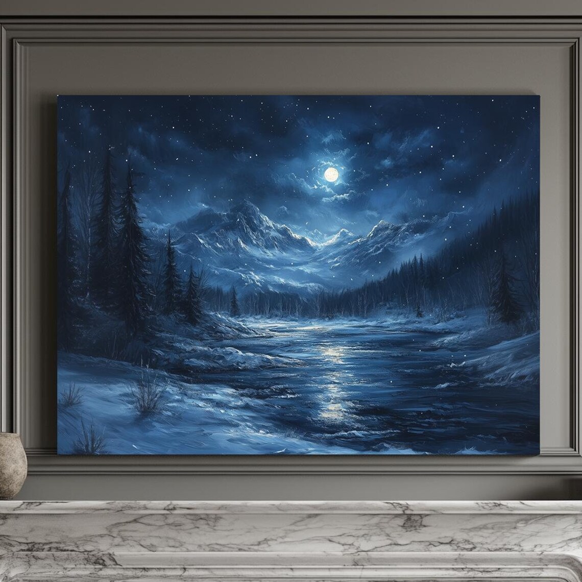Moonlit Mountain Valley At Night With Snowy Peaks And Starry Sky Poster