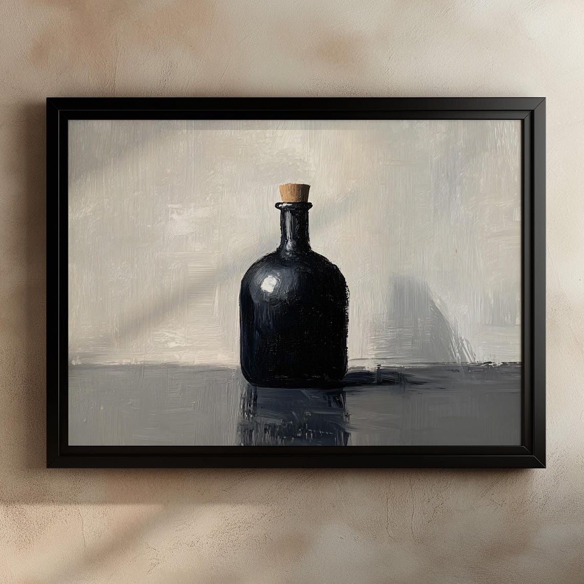 Minimalist Black Bottle Still Life in Modern Neutral Tones Poster