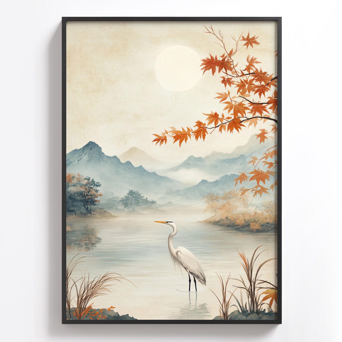White Egret Standing in an Autumn Lake with Maple Leaves Poster