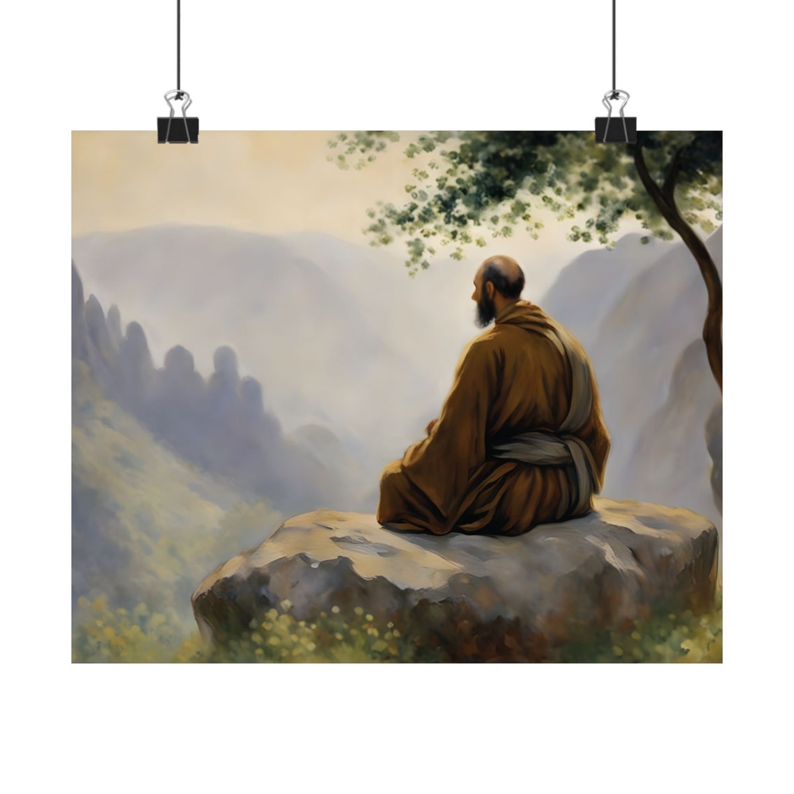 Meditation On The Peak Spiritual Zen Home Decor Peaceful Scenery Meditating Monk Nature Prints Serene Landscape Poster Mountain Art - Image 2