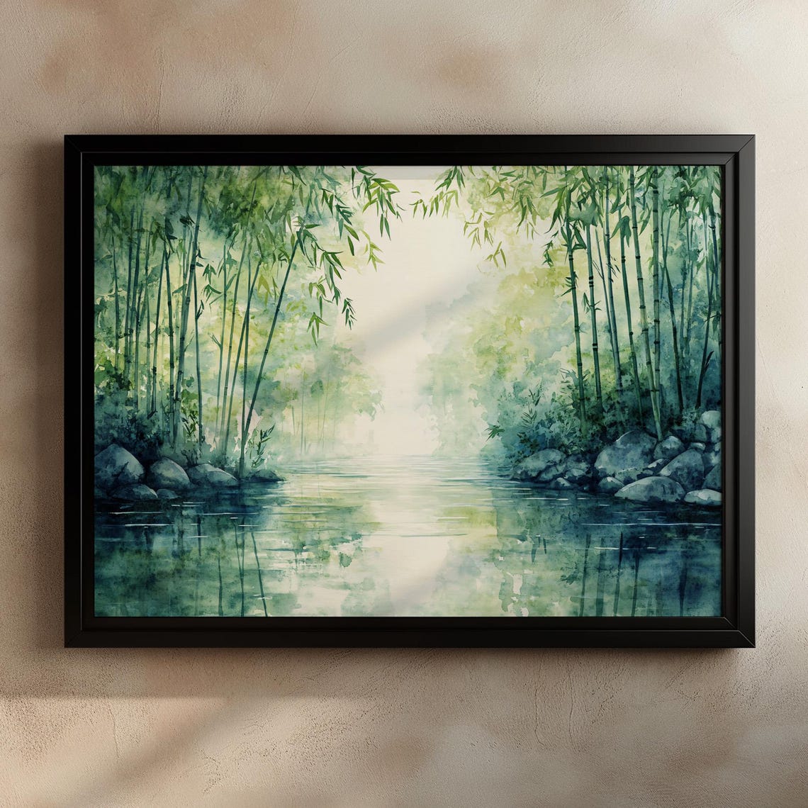 Watercolor Bamboo Grove River Tranquil Zen Nature Scene Poster - Image 3