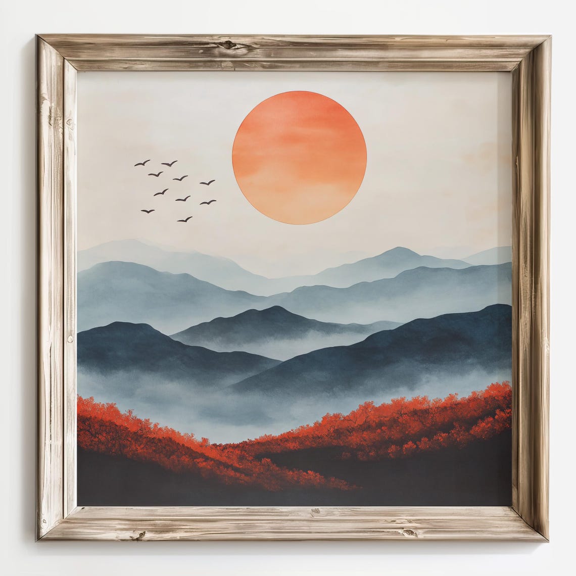 Red Sun Over Misty Mountains Japanese Style Landscape Poster