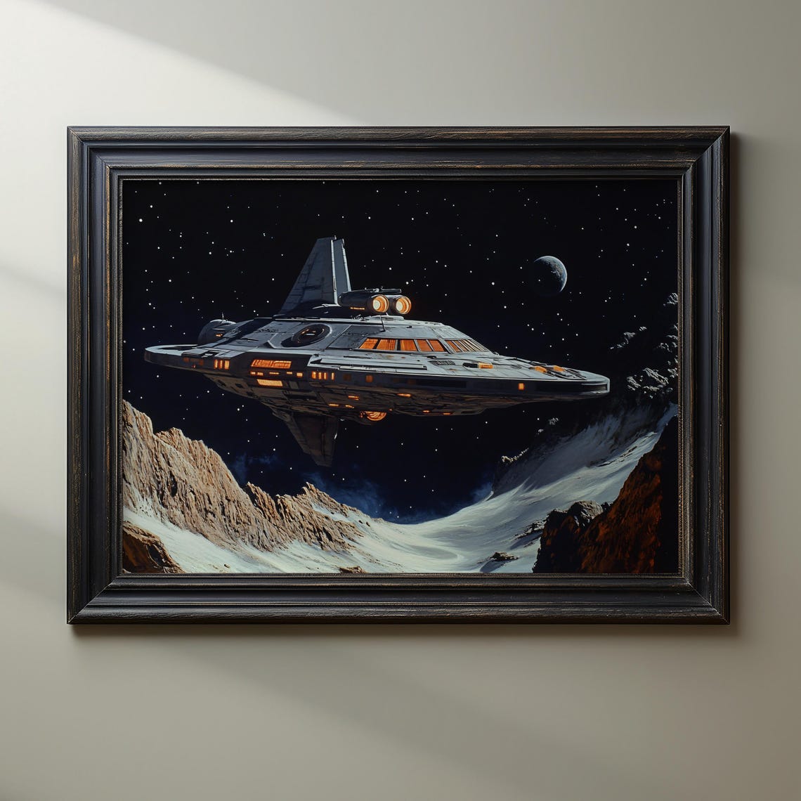 Retro Sci-Fi Spaceship Over an Icy Alien Canyon Starry Poster - Image 2