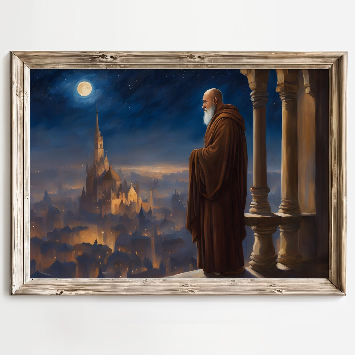 Monk Gazing at a Moonlit Cathedral Above a Night City Poster - Image 3