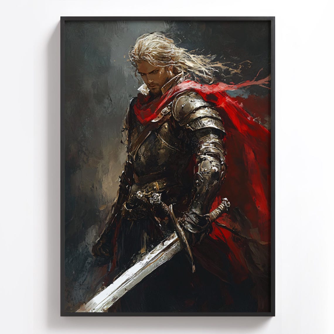 White Haired Knight In Armor Red Cloak Epic Fantasy Warrior Poster - Image 2