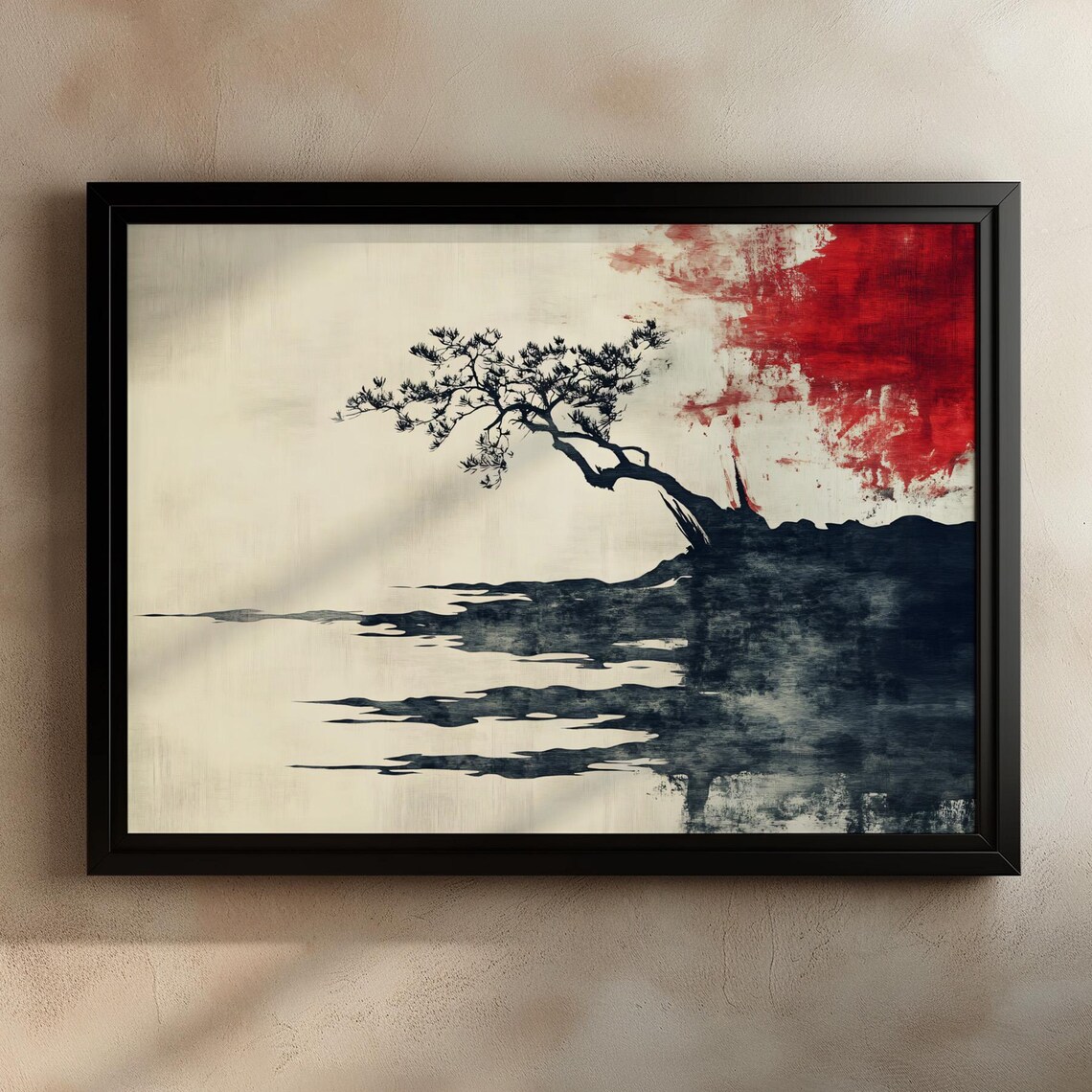 Japanese Pine Bonsai Over Still Water With Crimson Sun Poster