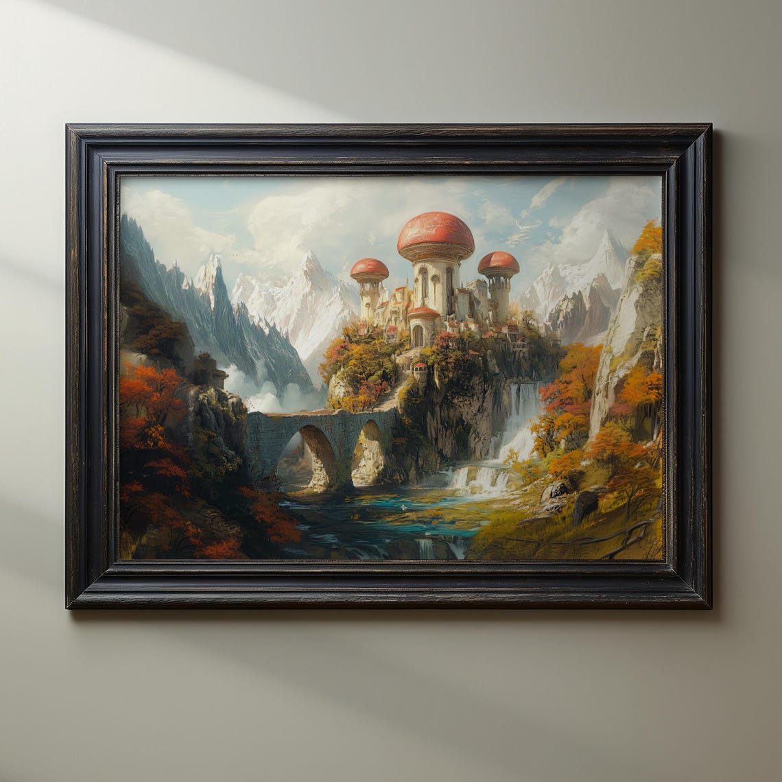 Fantasy Mushroom Castle Art Print Magical Landscape Painting Enchanted Bridge Wall Art Fantasy Village Decor Mountain Waterfall Artwork