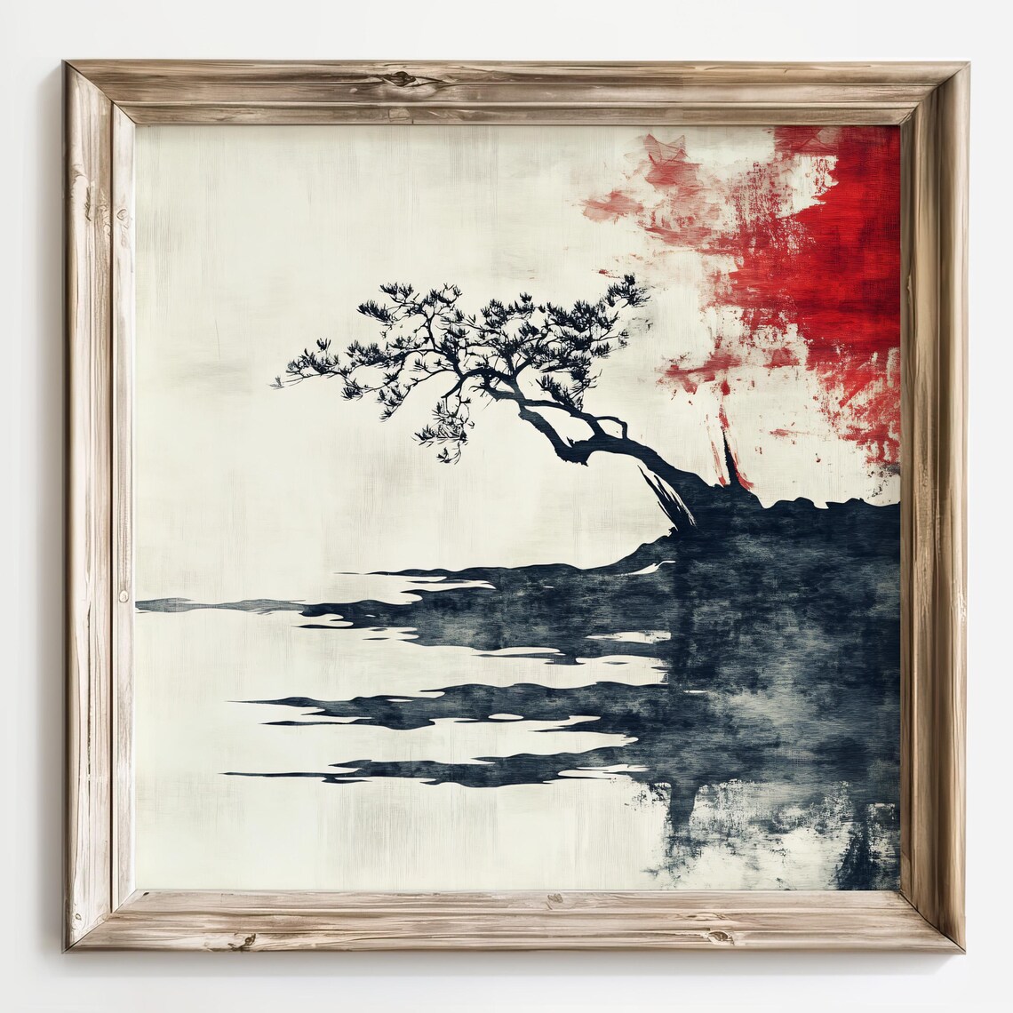 Japanese Pine Bonsai Over Still Water With Crimson Sun Poster - Image 2
