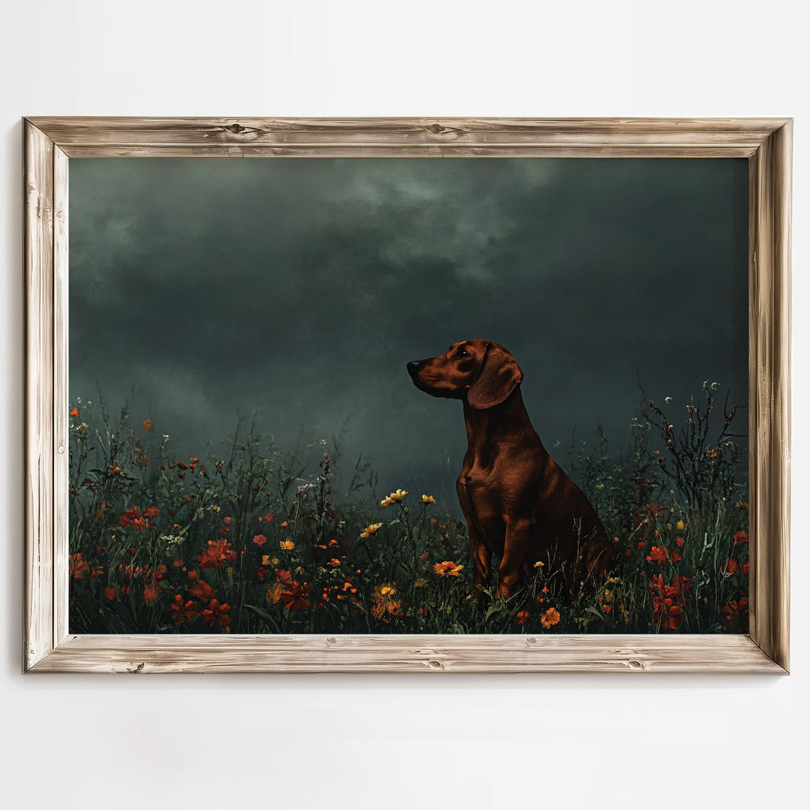 Dachshund Standing in Wildflowers Under a Stormy Dark Sky Poster