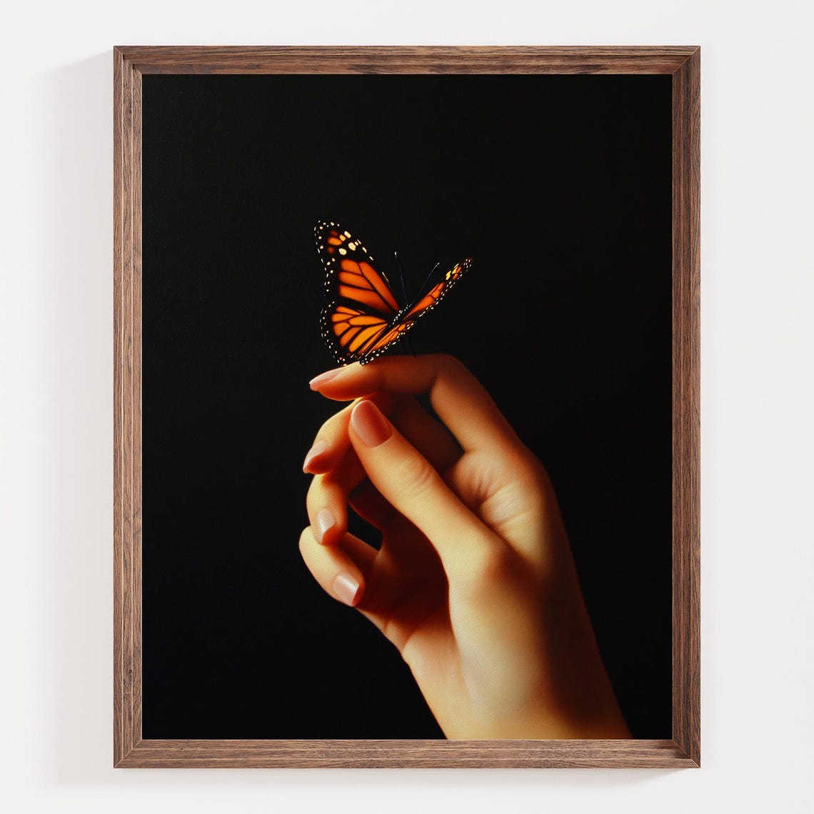 Monarch Butterfly Resting on a Hand on a Dark Background Poster