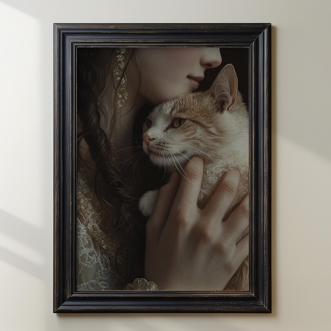 Romantic Woman Nuzzling a Tabby Cat Close-Up Portrait Art Poster