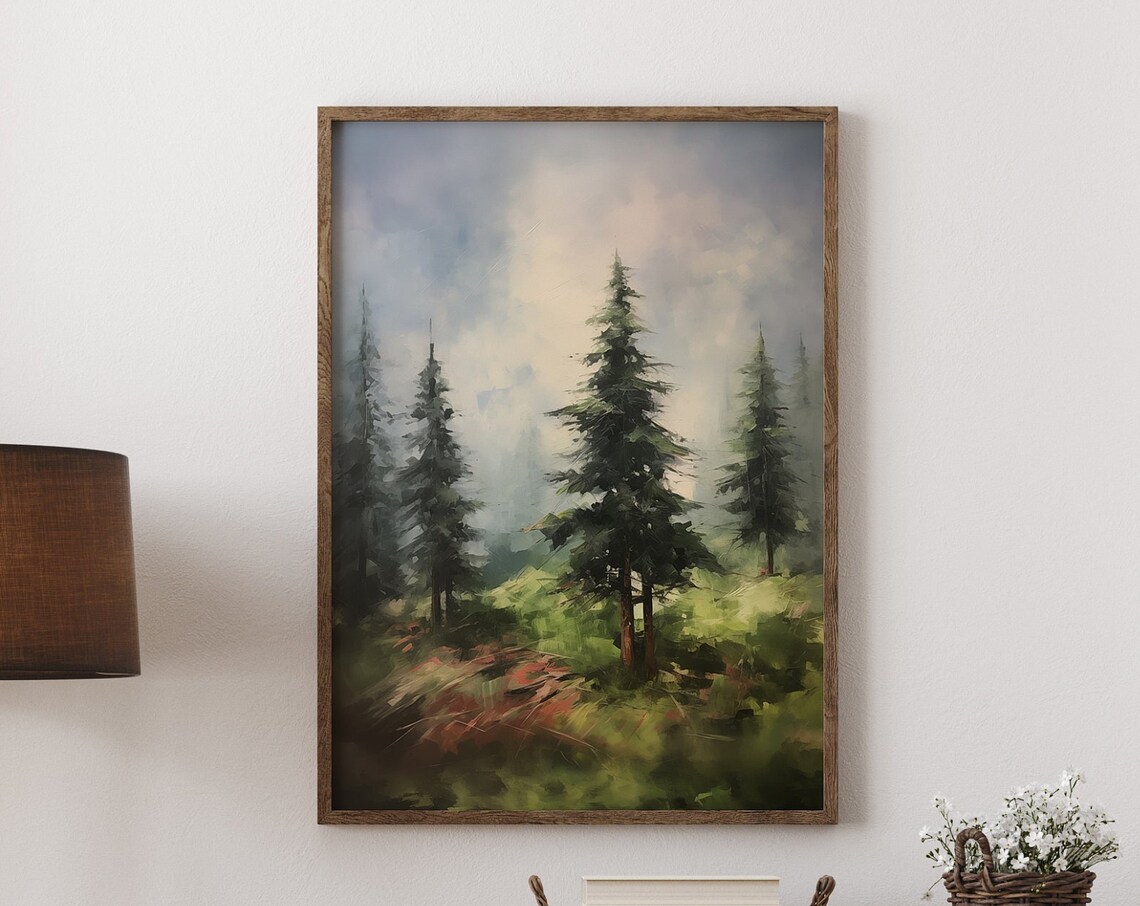 Misty Pine Forest Oil Painting Green Nature Moody Landscape Poster - Image 3