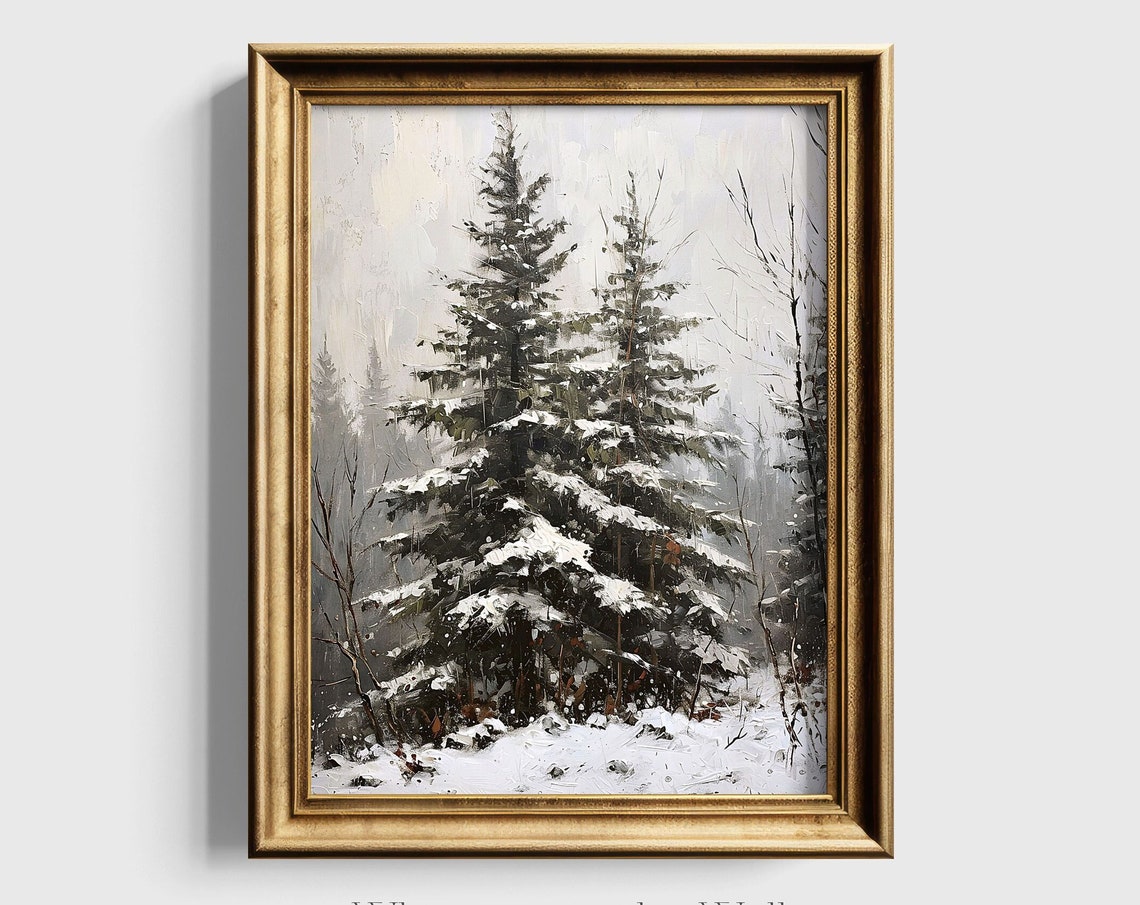 Soft Snow Covered Evergreen Trees Foggy Winter Landscape Poster