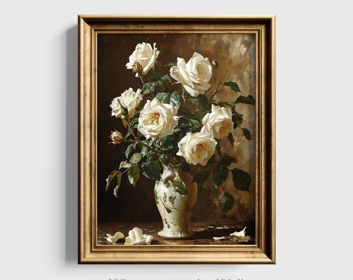 White Roses Vintage Still Life Art Print