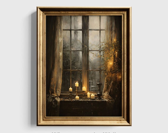 Dark Whimsigoth Wall Art Print Moody Window Painting Dark Cottagecore Art Print Vintage Gothic Art